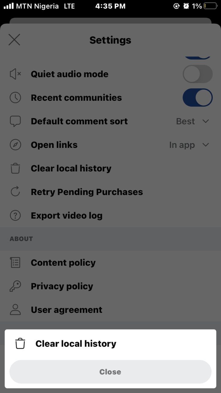 Скриншот экрана подтверждения очистки локальной истории в Reddit