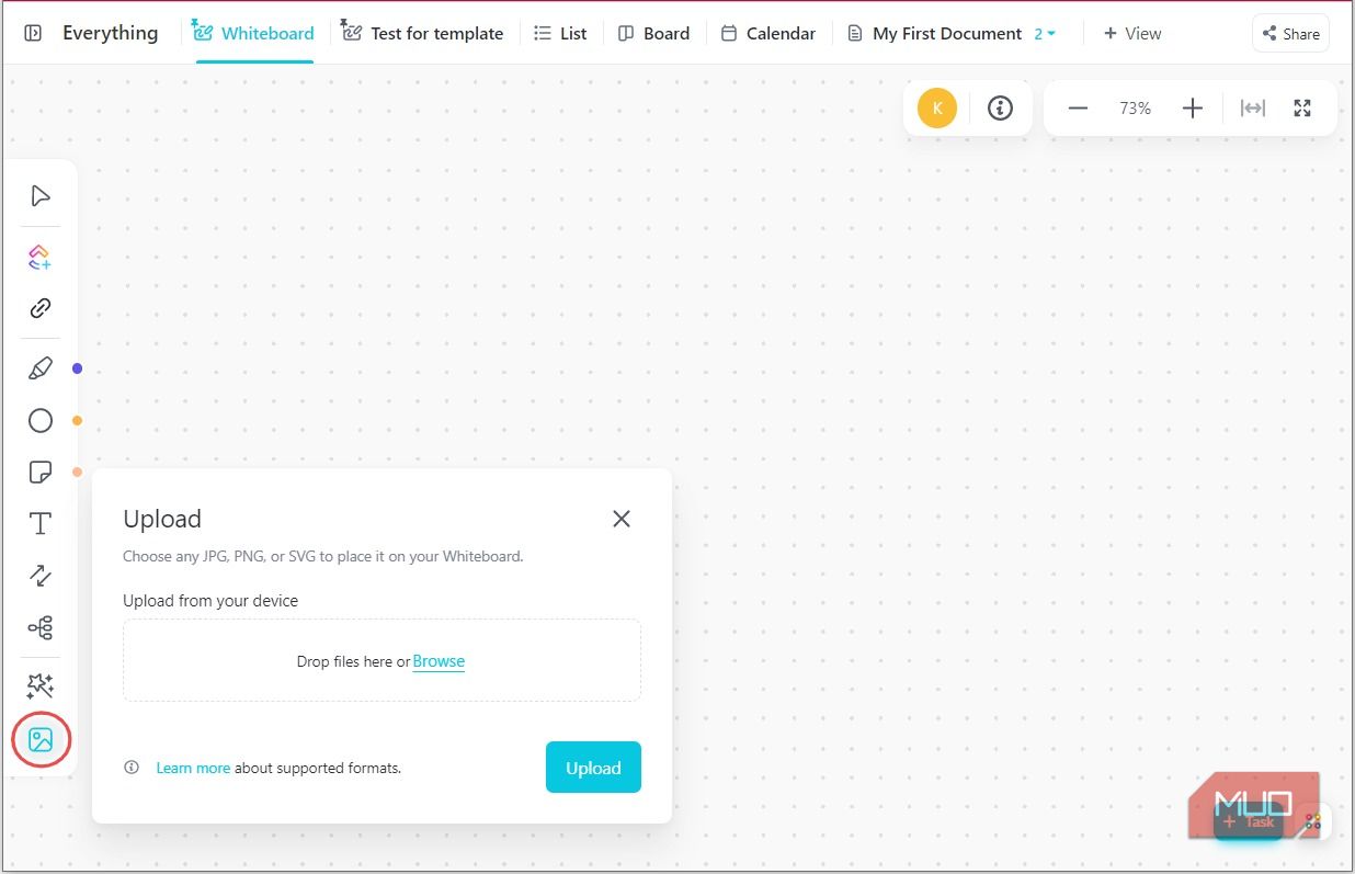 Загрузка медиафайла в ClickUp Whiteboard