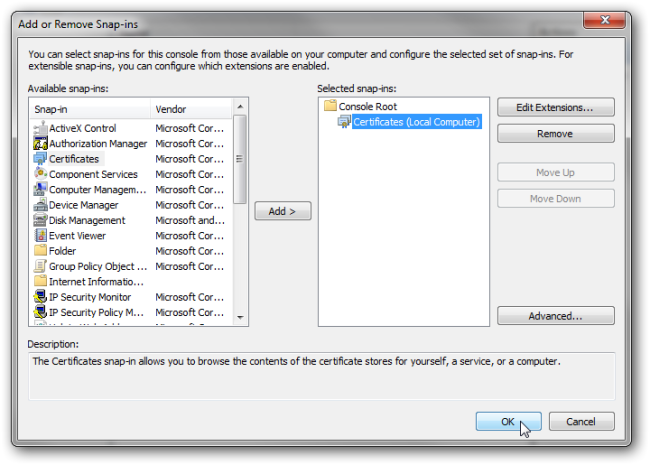 Окно управления сертификатами в клиентской системе