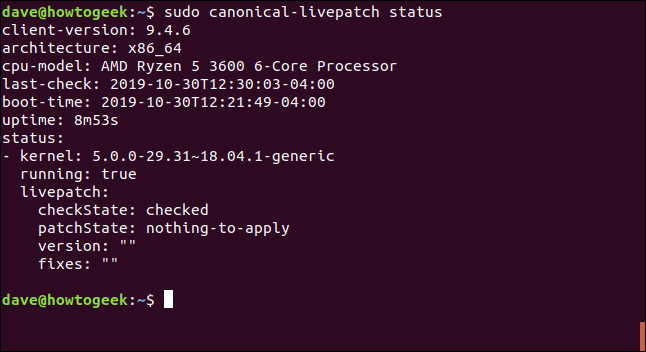 Вывод sudo canonical-livepatch status в терминале