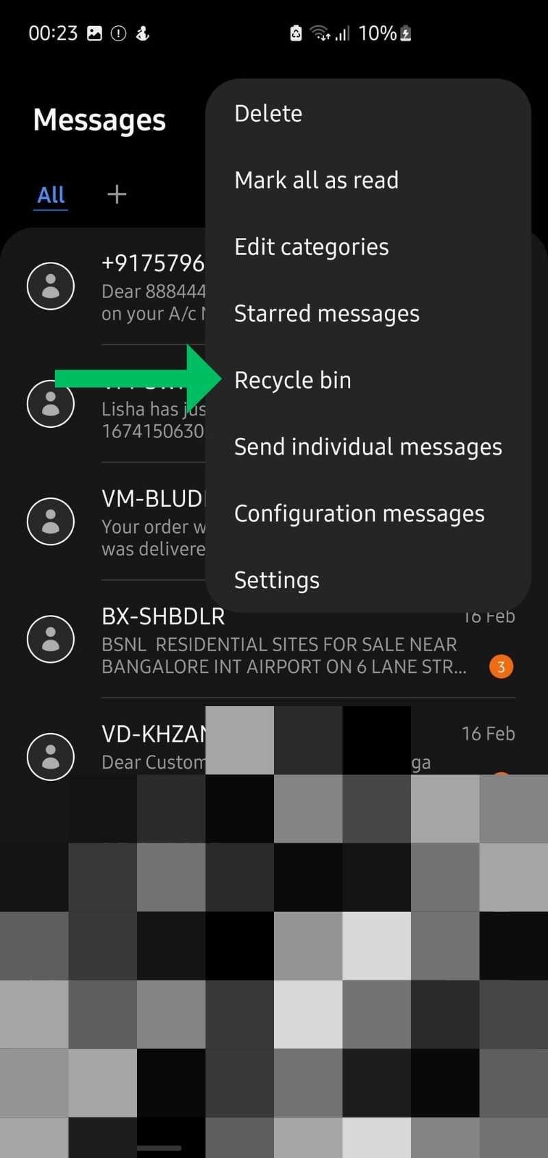 Экран Корзины в приложении Samsung Messages