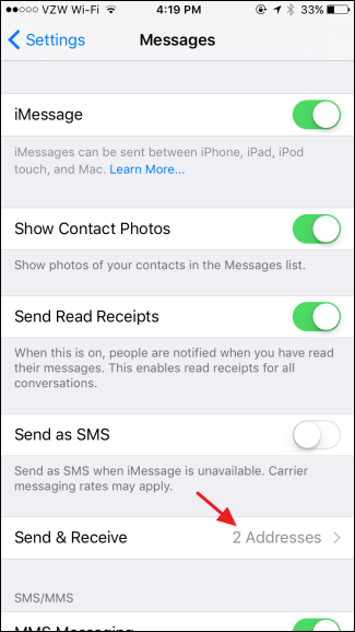 Выбор адреса iMessage в списке