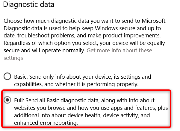 Окно настроек Диагностики и отзывы в Windows 10
