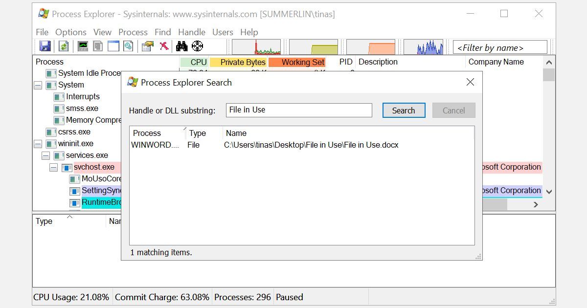 Поиск дескрипторов в Process Explorer