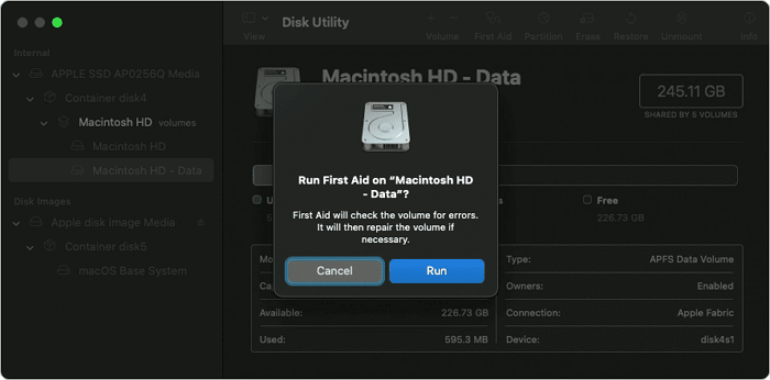 Процесс First Aid завершён: окно Disk Utility
