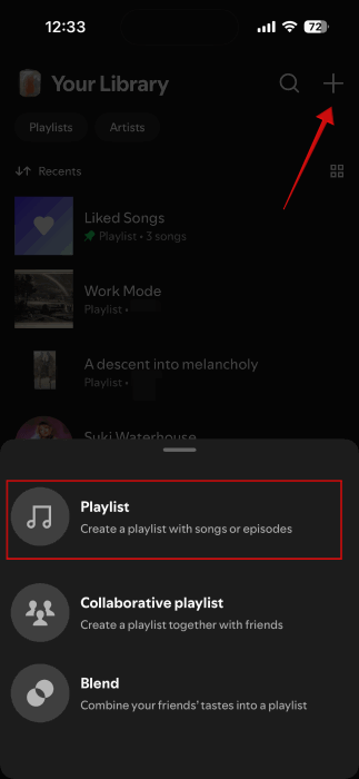 Создание нового плейлиста в приложении Spotify