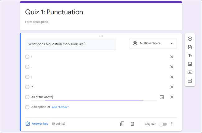Интерфейс формы Google Forms для теста — редактор вопросов