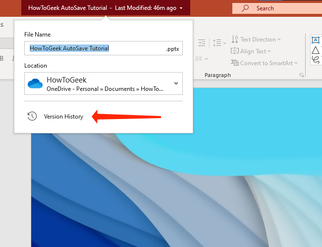 Меню с именем файла и опцией Журнал версий