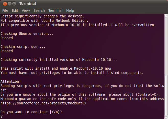 Пример окна терминала при установке Macbuntu