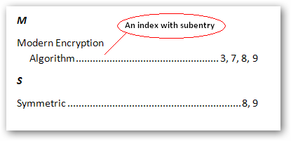 Пример индекса с подзаписями, сгруппированными по теме