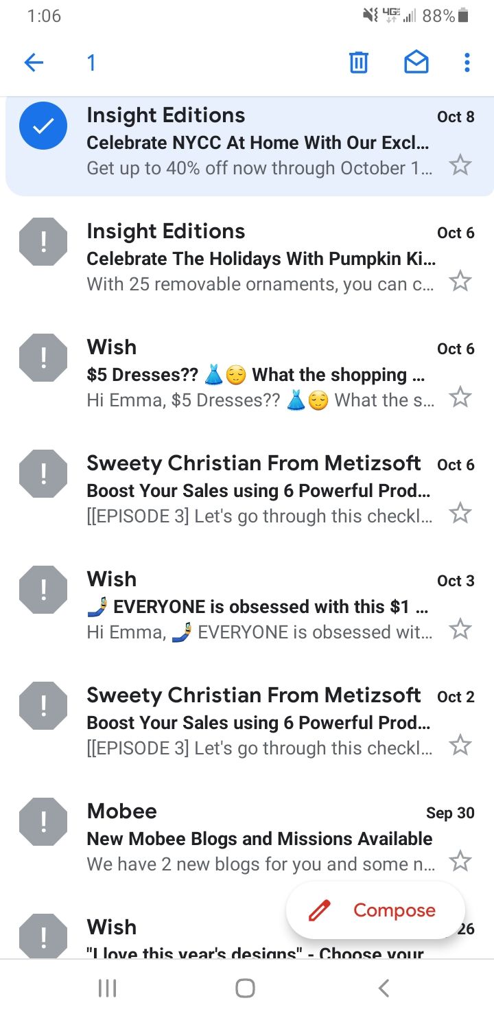 Вариант снятия пометки спам в мобильном Gmail