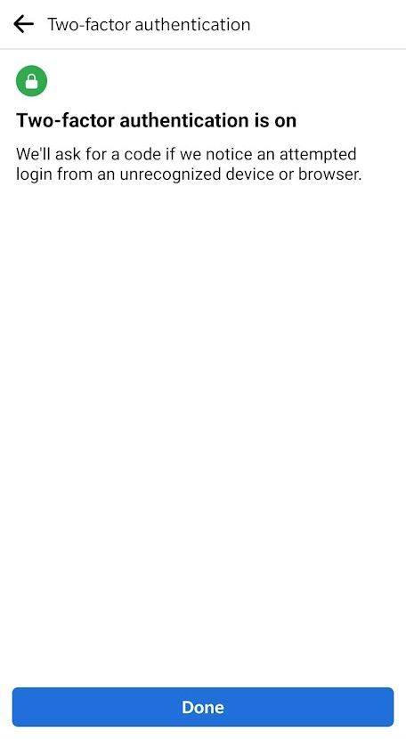 Подтверждение: двухфакторная аутентификация включена в мобильном приложении Facebook