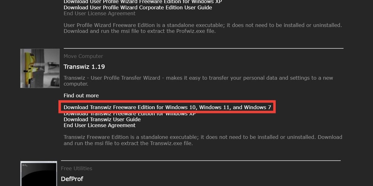 Страница загрузки Transwiz с выделенной ссылкой на скачивание