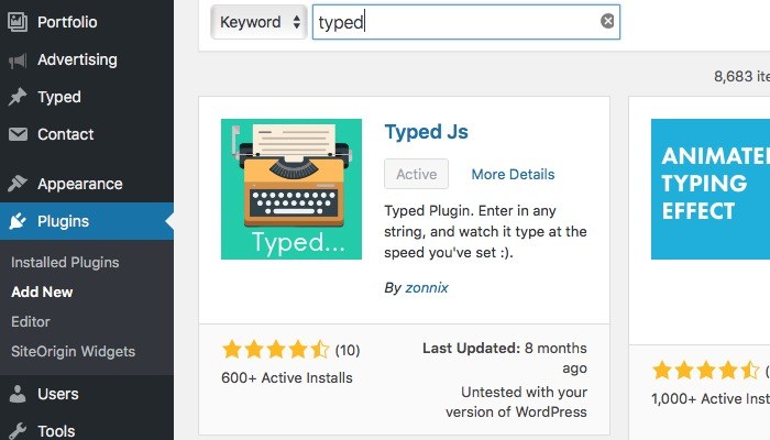 Установка плагина Typed Js в репозитории WordPress