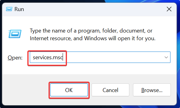 Ввод services.msc в диалоговом окне Выполнить