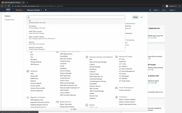 Поле поиска сервисов AWS с введённым