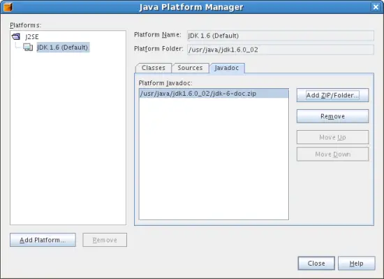 Скриншот окна добавления документации Java SE в NetBeans