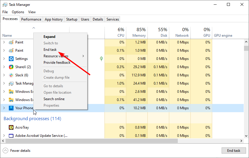 Завершение задачи Your Phone в Диспетчере задач