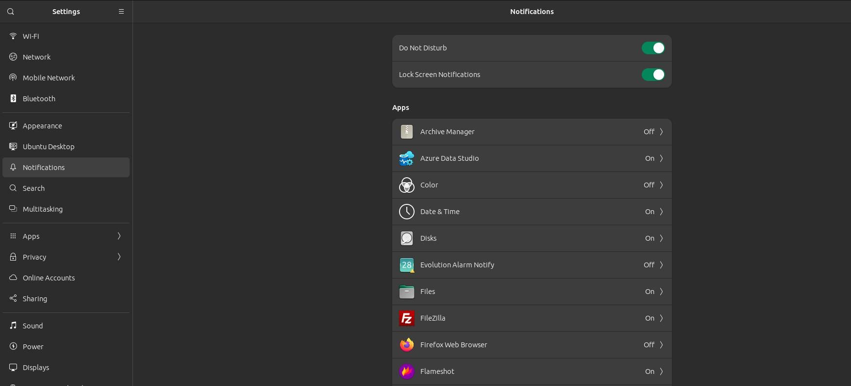 Настройки уведомлений для приложений в Ubuntu
