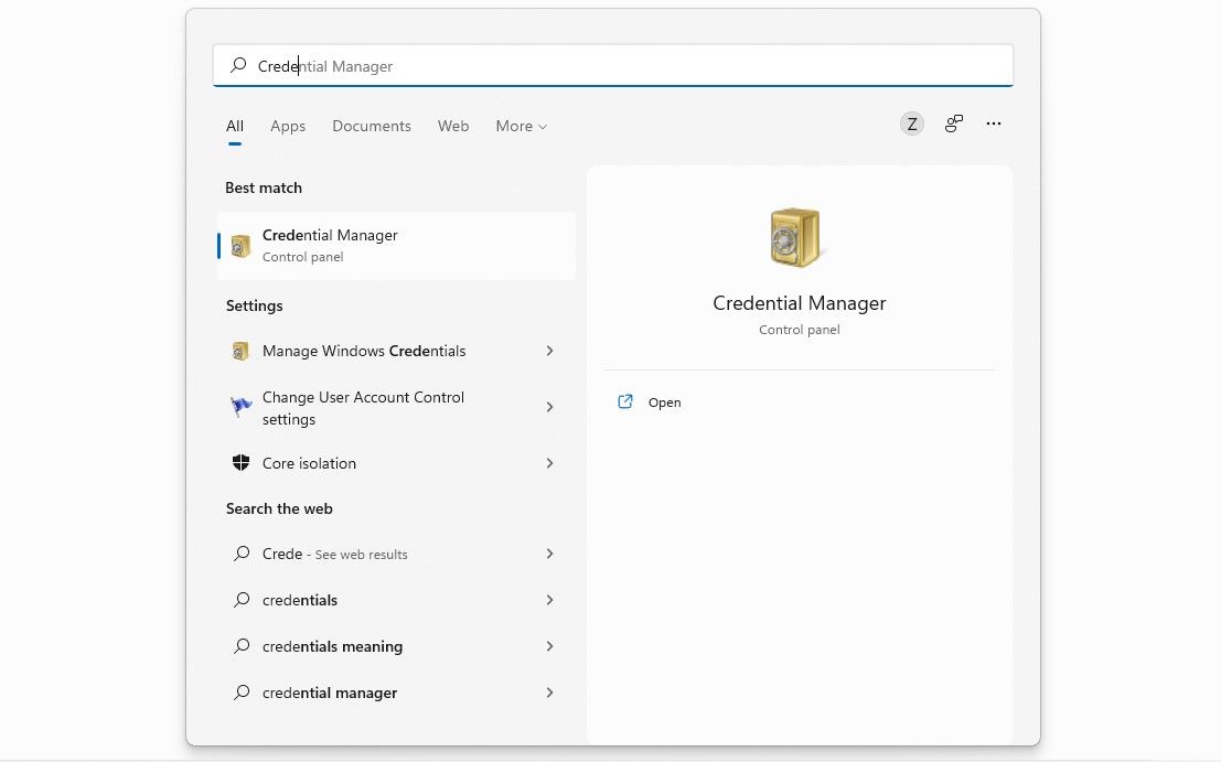 Поиск Credential Manager в инструменте поиска Windows, результат выделен