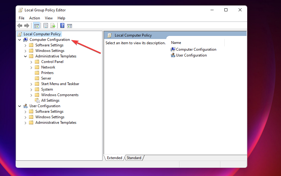 Окно локальной групповой политики