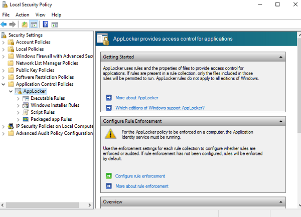 Интерфейс AppLocker в оснастке локальной политики
