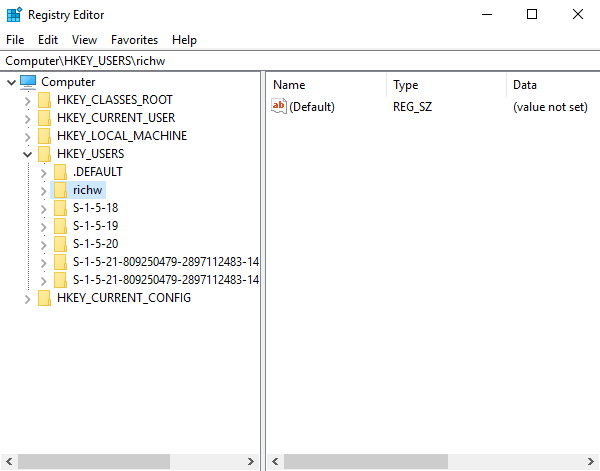 Редактор реестра с загруженным hive в HKEY_USERS