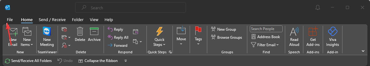 Пункт «Файл» в меню Outlook