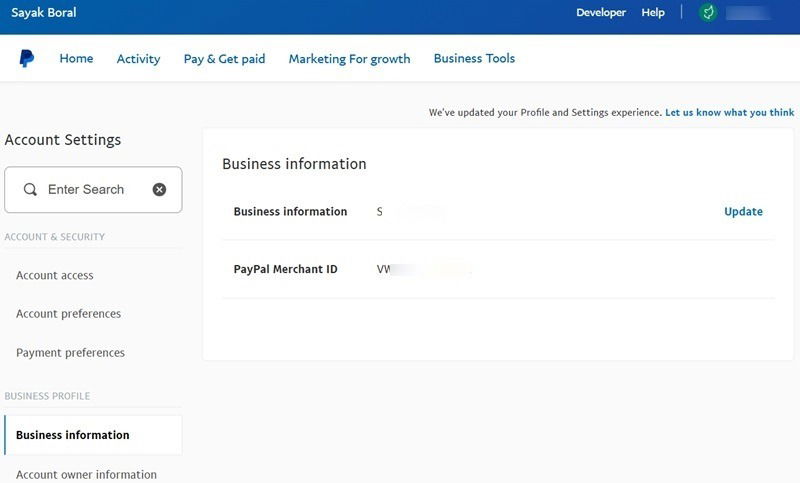 Пример бизнес‑аккаунта PayPal с информацией о компании и Merchant ID.