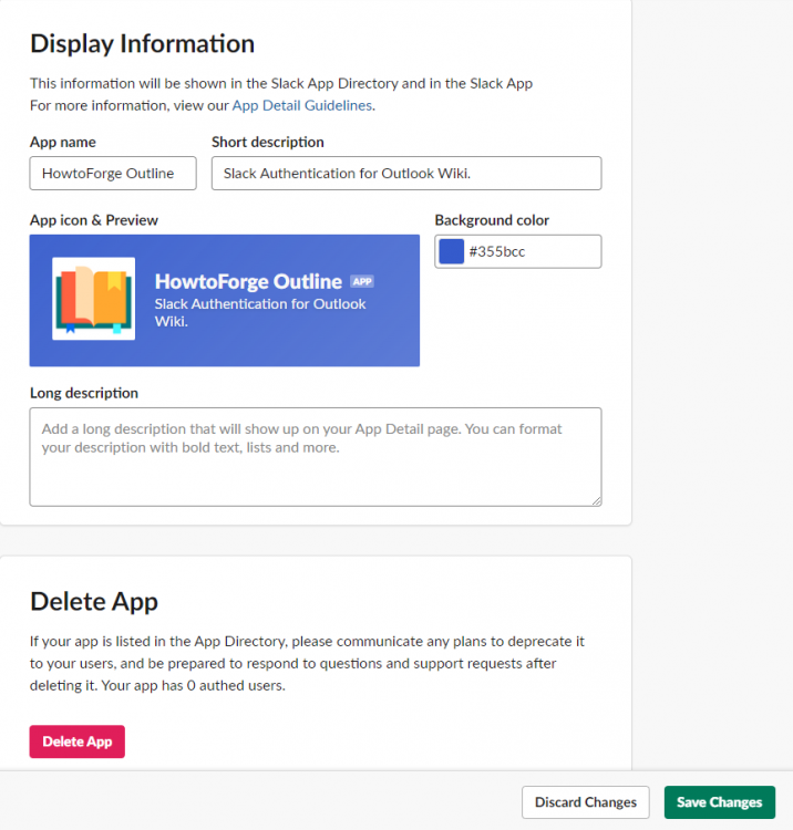 Параметры нового приложения Slack