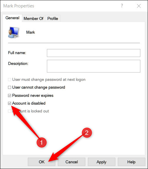 Окно свойств пользователя с опцией