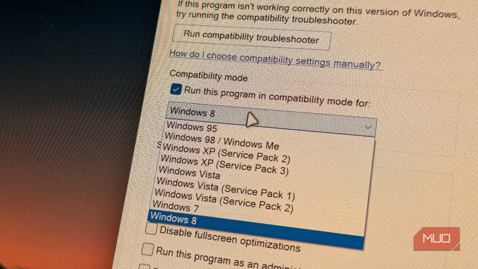 Выпадающее меню режима совместимости Windows 11