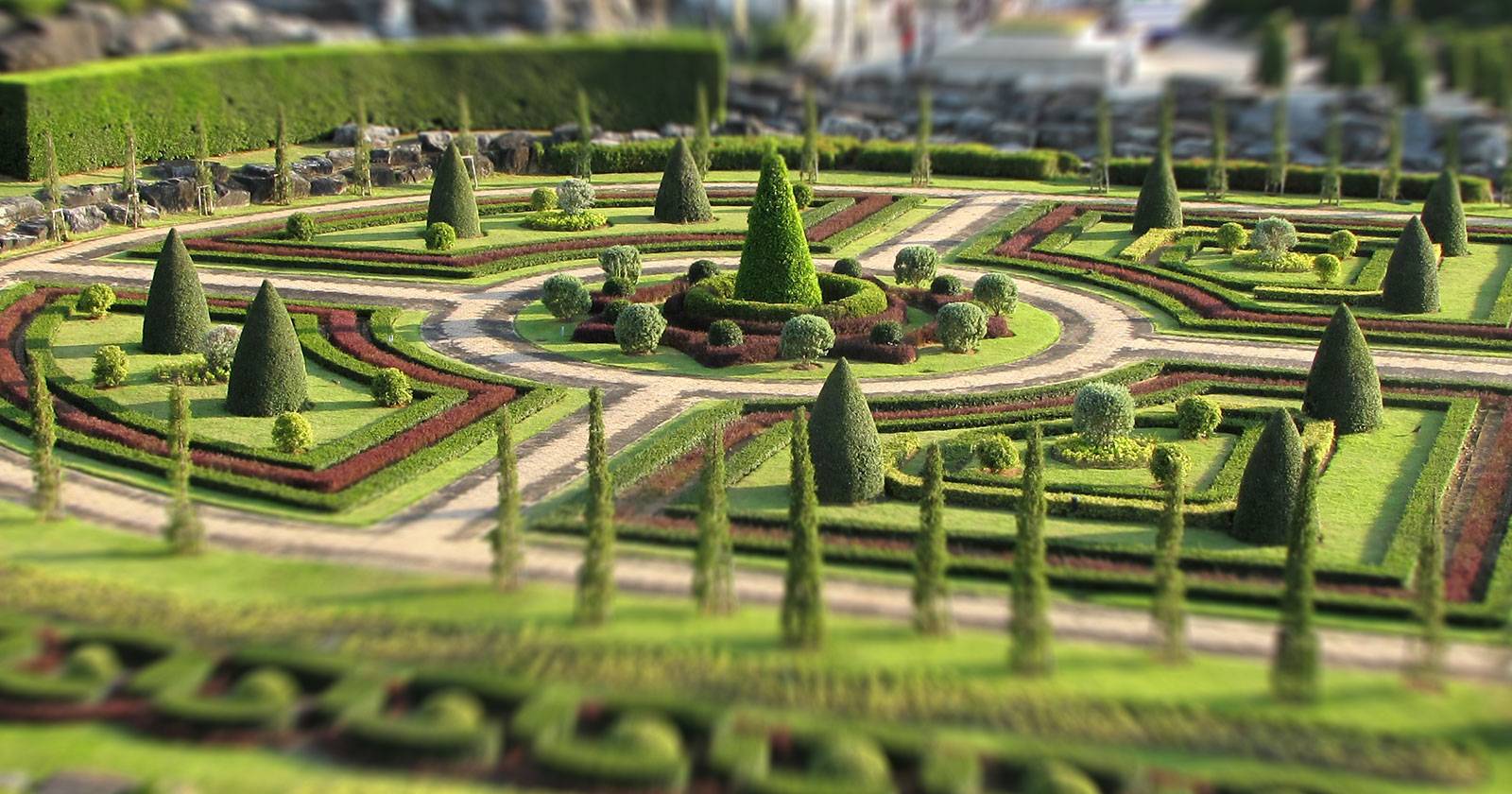 Идеально оформленный сад с оборудованием и растениями