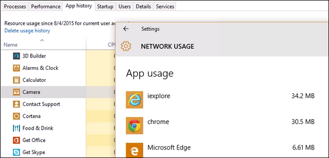 Список использования сети в Параметрах Windows 10