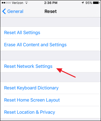 Экран сброса настроек iOS