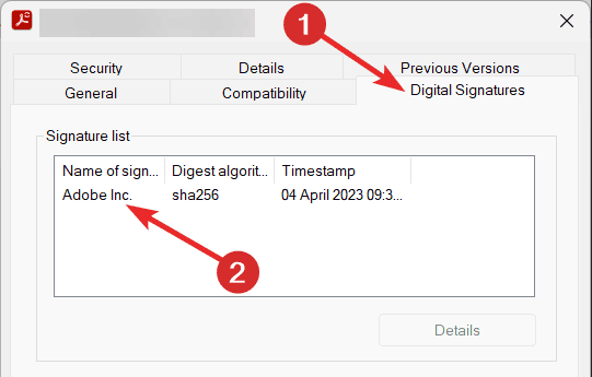 Вкладка «Цифровые подписи» в свойствах файла