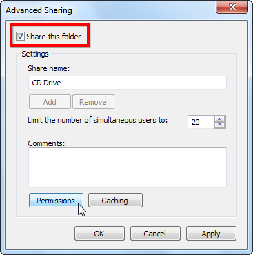 Окно разрешений общего ресурса: группа «Все» с правом «Чтение»
