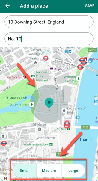 Выбор размера зоны для сохраняемого места: Маленькая, Средняя или Большая