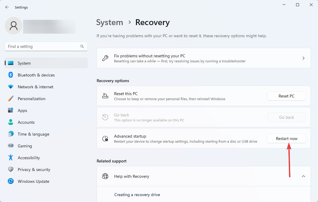 Кнопка перезагрузки для дополнительных параметров загрузки