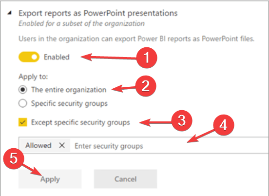 Power BI — включение экспорта для всех, кроме группы