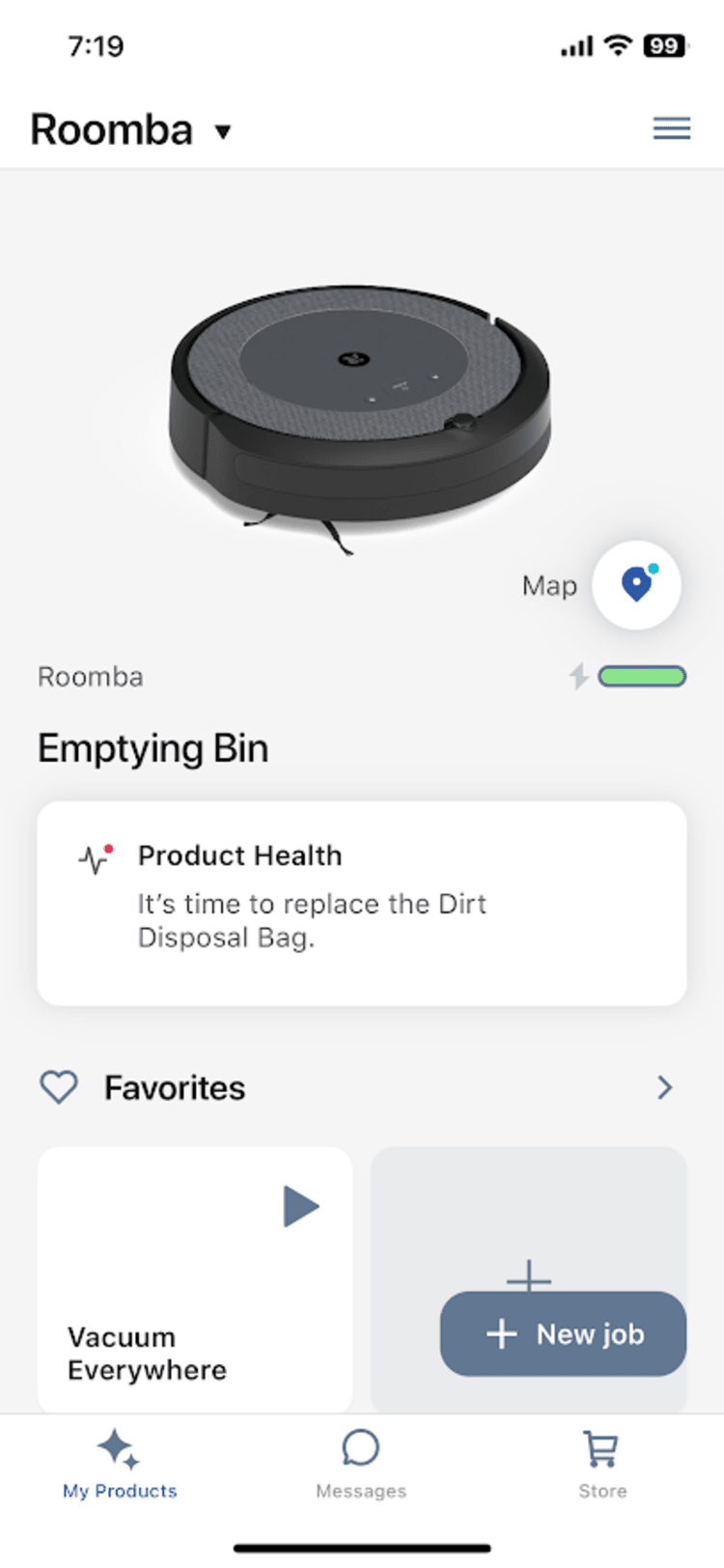 Процесс опорожнения контейнера в меню Roomba