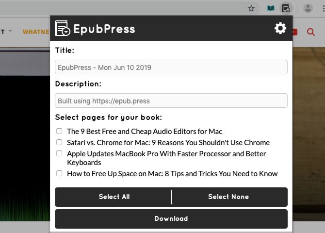 Инструмент EpubPress в панели Chrome