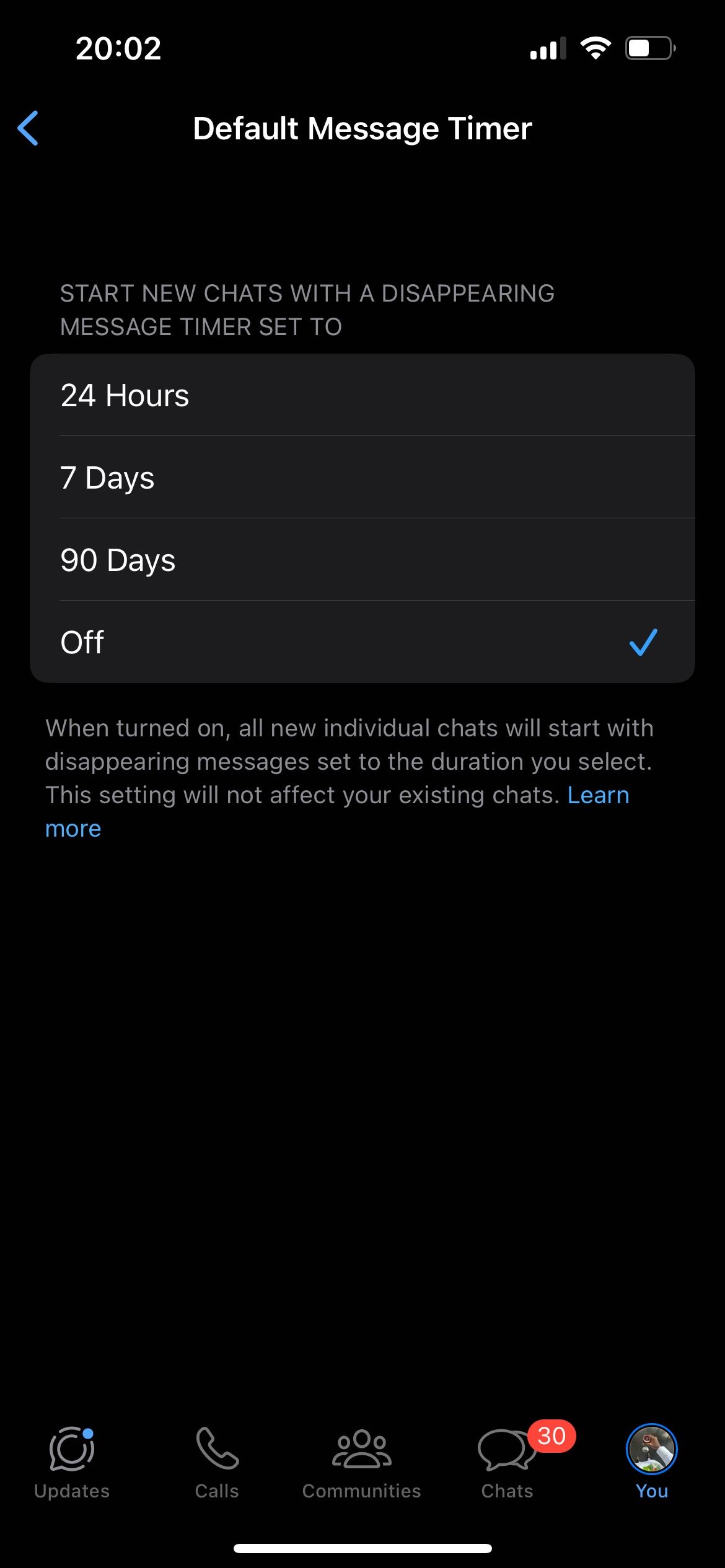 Настройка таймера исчезающих сообщений