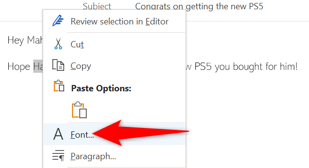 Выберите пункт Font в контекстном меню шрифта.