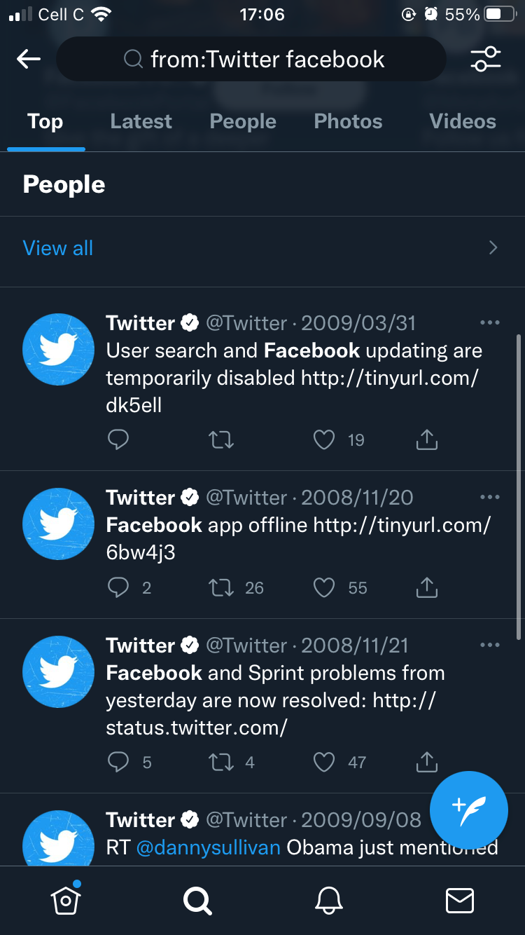 Результаты поиска твитов со словом 'facebook' в профиле Twitter