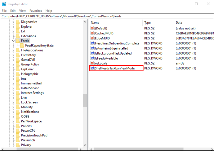 Создание DWORD ShellFeedsTaskbarViewMode в реестре