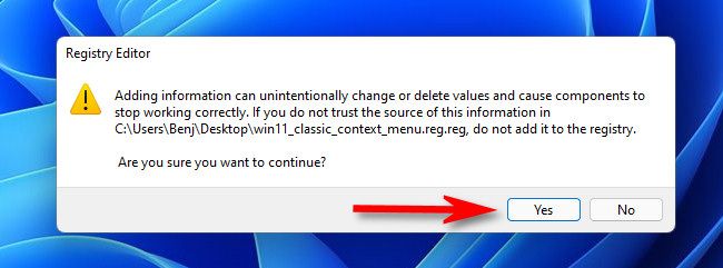 Нажмите Да при предупреждении об изменении реестра.