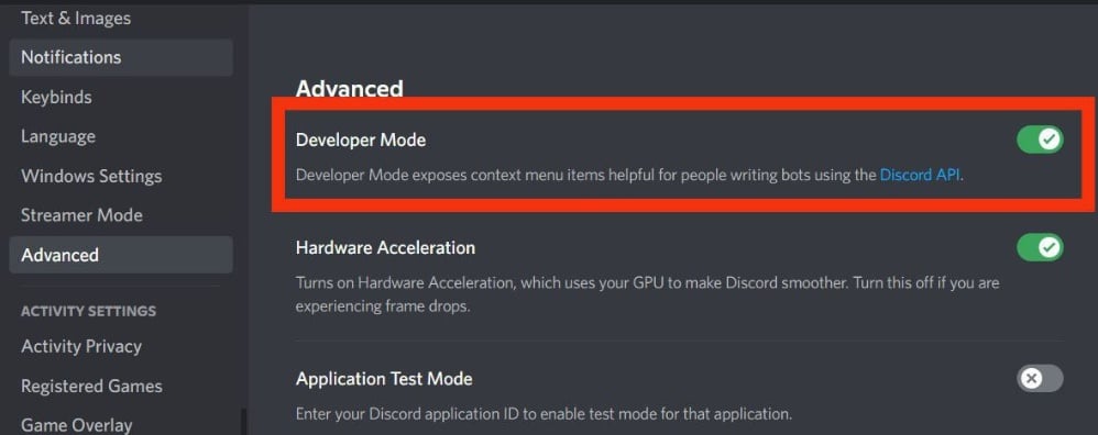 включение режима разработчика в discord