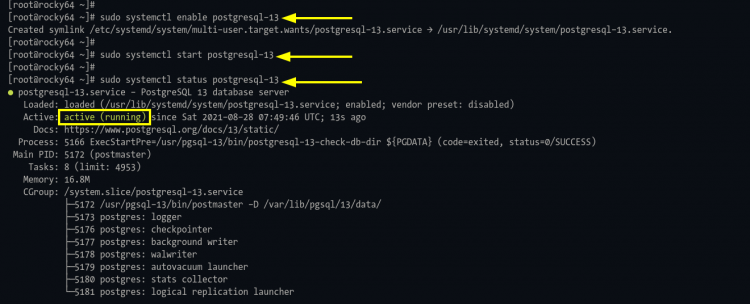 Статус службы PostgreSQL после запуска