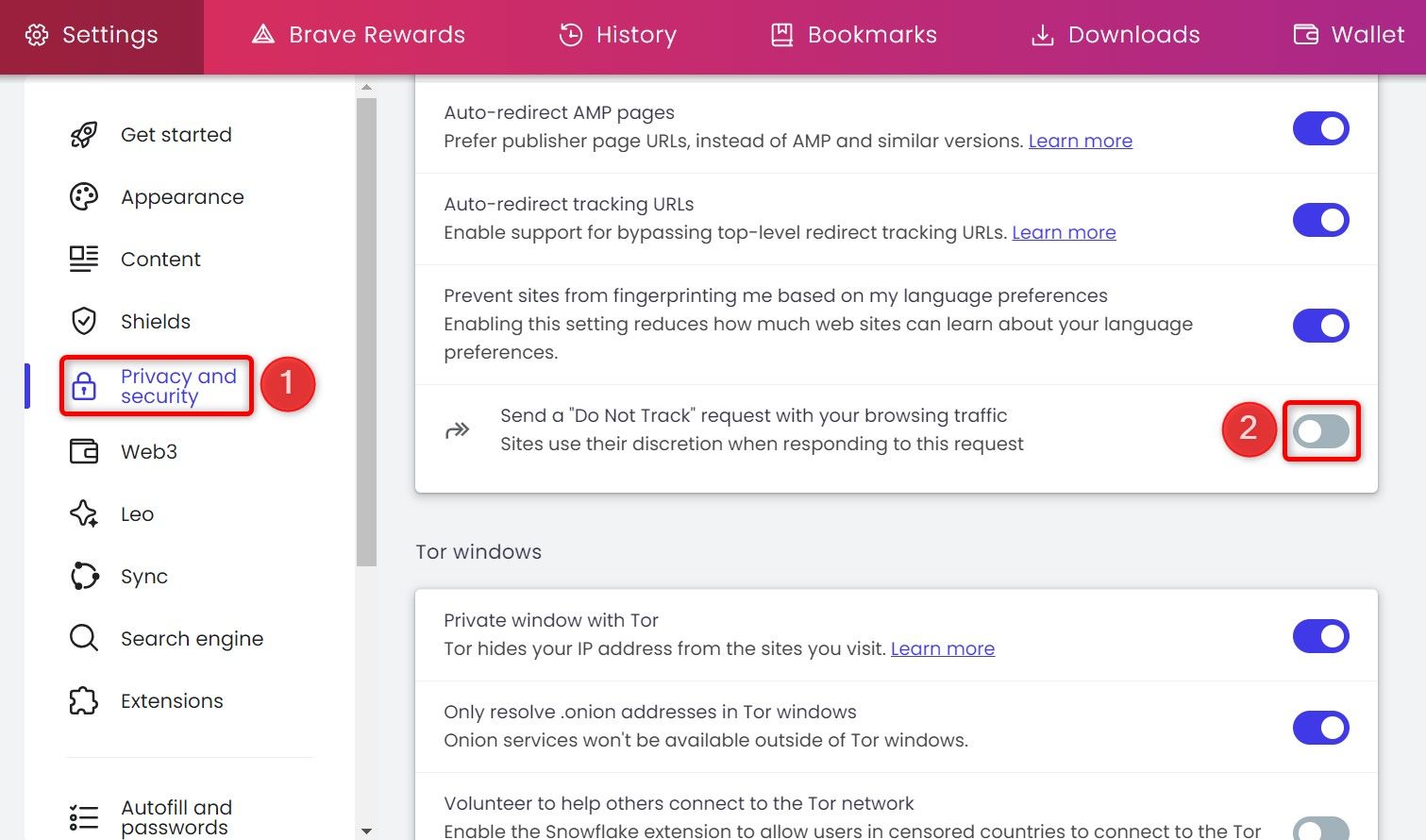 Раздел Privacy and Security и опция Send a Do Not Track Request With Your Browsing Traffic в настройках Brave